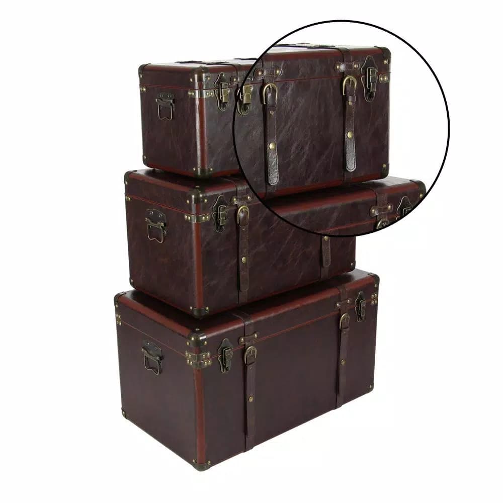 LITTON LANE Globetrotter Wood and Matte Brown Leather Decorative Trunk Set of 3