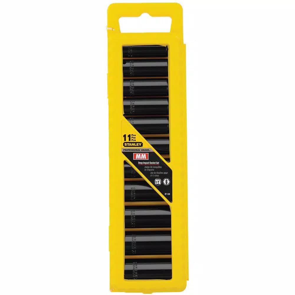 Stanley 1/2 in. Drive Metric Deep Impact Socket Set, 11-Piece Black Chrome Vanadium Steel