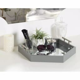 Kate and Laurel Lipton Gray Hexagon Decorative Tray with Mirrored Base and Polished Metal Handles thumbnail 5