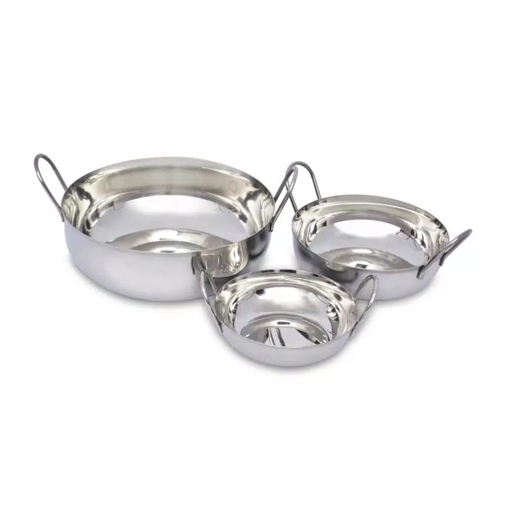 Unbranded 3-Piece Stainless Steel Balti Pan Set, 3 Sizes (3.25 Qt., 1.25 Qt., 0.50 Qt.)
