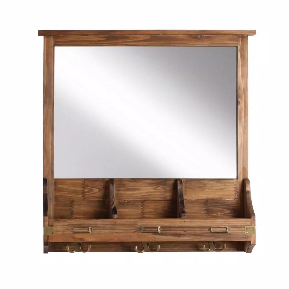 Kate and Laurel Stallard Rustic Brown Multi-Function Wall Mirror Memo Board with Hooks and Pockets