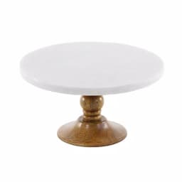 LITTON LANE 10 in. White Marble and Mango Wood Cake Stand, Brown Wood Base thumbnail 1