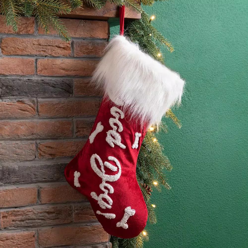 Glitzhome 22 in. Red Velvet Christmas Stocking with White Plush Cuff - Good Dog Print