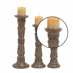 LITTON LANE Rustic Brown Carved Mango Wood Candle Holder Set of 3 with Tribal Engraved Patterns thumbnail 3