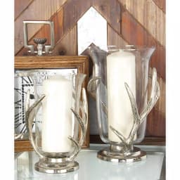 LITTON LANE 10 in. Aluminum Antler and Frosted Glass Hurricane Candle Holder, Silver thumbnail 1