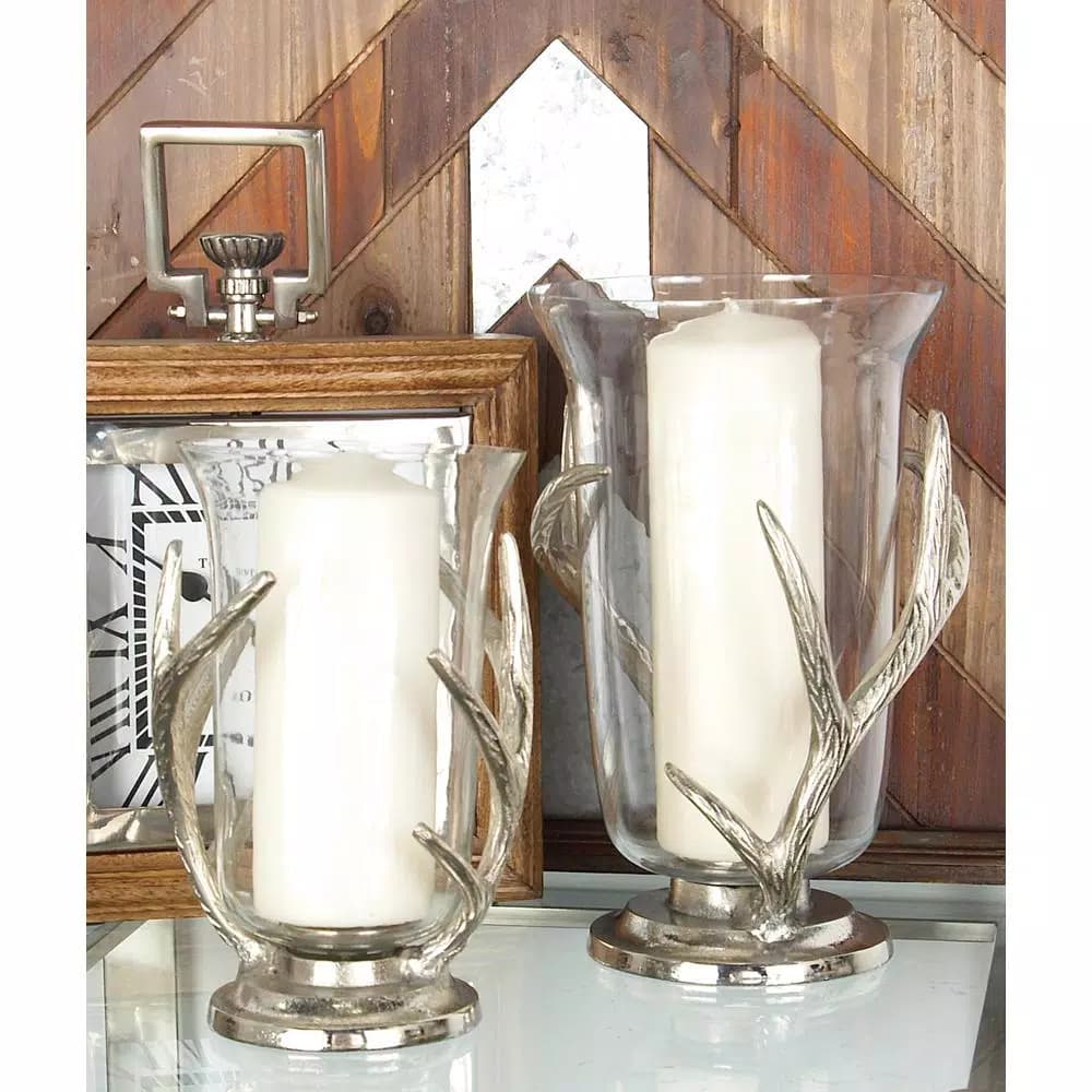 LITTON LANE 10 in. Aluminum Antler and Frosted Glass Hurricane Candle Holder, Silver