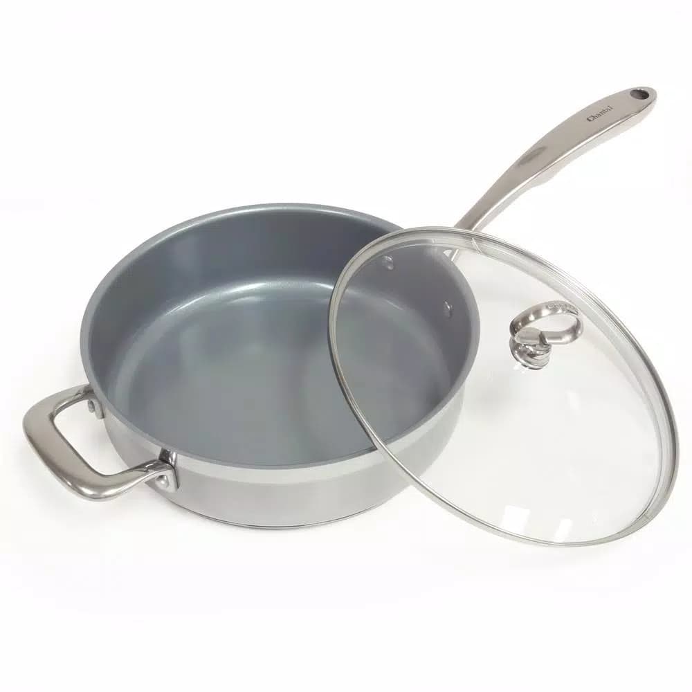 Chantal Induction 21 Steel 10 in. Stainless Steel Ceramic Nonstick Skillet with Glass Lid, Brushed Stainless Steel