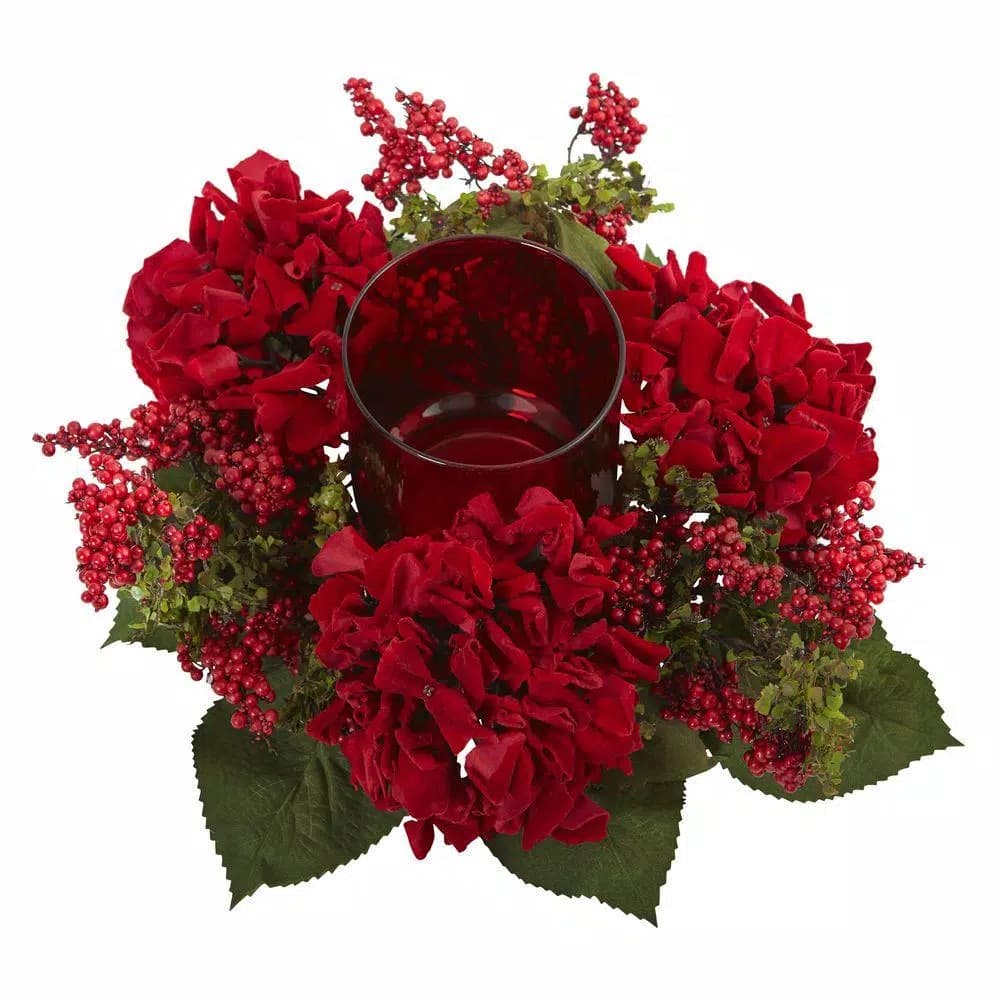 Nearly Natural 6 in. Red Hydrangea and Berry Glass Candelabrum Indoor Tabletop Decor