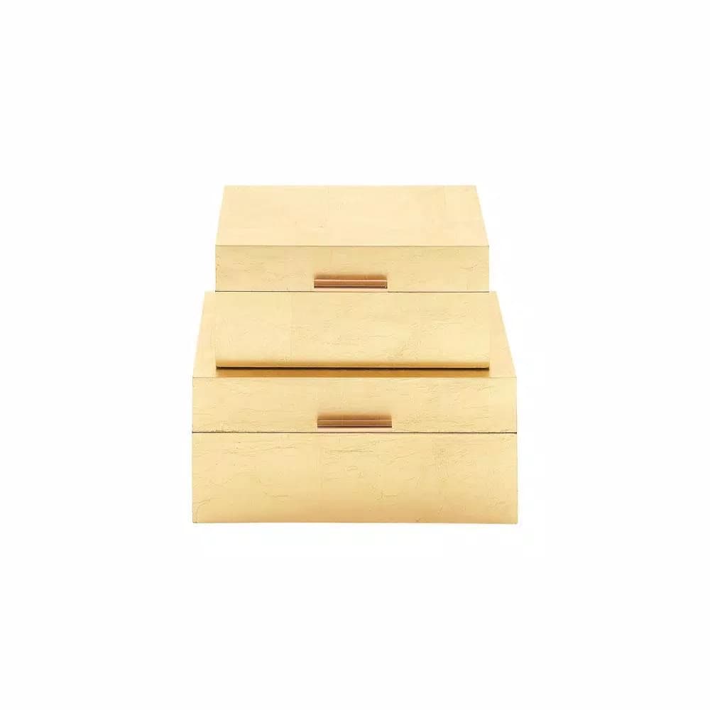 CosmoLiving by Cosmopolitan Metallic Gold Decorative Wooden Boxes, Set of 2, Rectangular Gold Leaf Finish