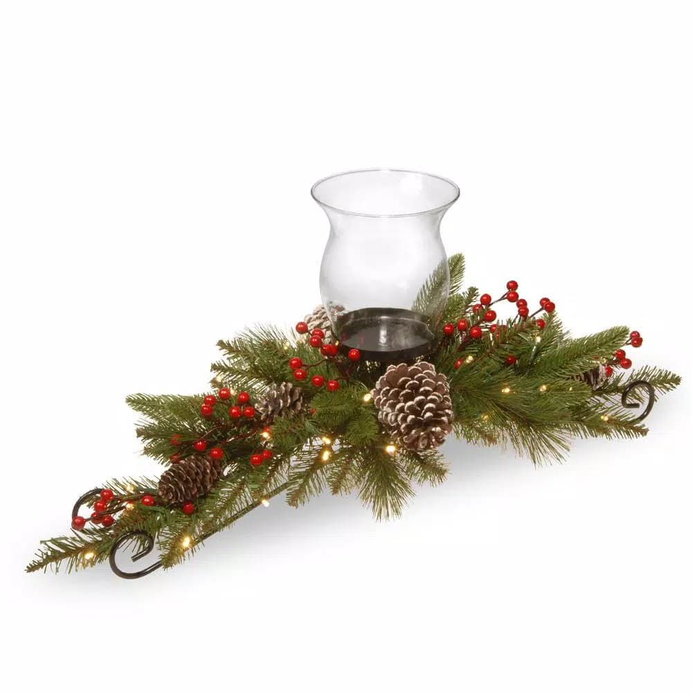 National Tree Company 30 in. Feel Real Bristle Berry Centerpiece with Warm White LED Lights, Red Berries and Pine Cones