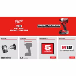 Milwaukee M18 18V Compact Brushless 1/4 in. Hex Impact Driver Kit with 2.0 Ah Battery, Charger & Tool Bag thumbnail 4