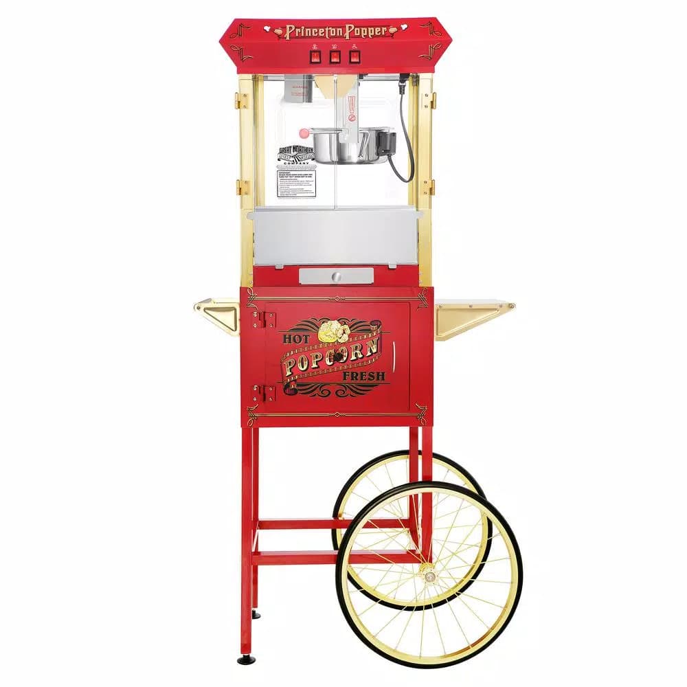 Great Northern Princeton 8 oz. Antique Red Popcorn Machine with Cart, Commercial Quality Oil Popper