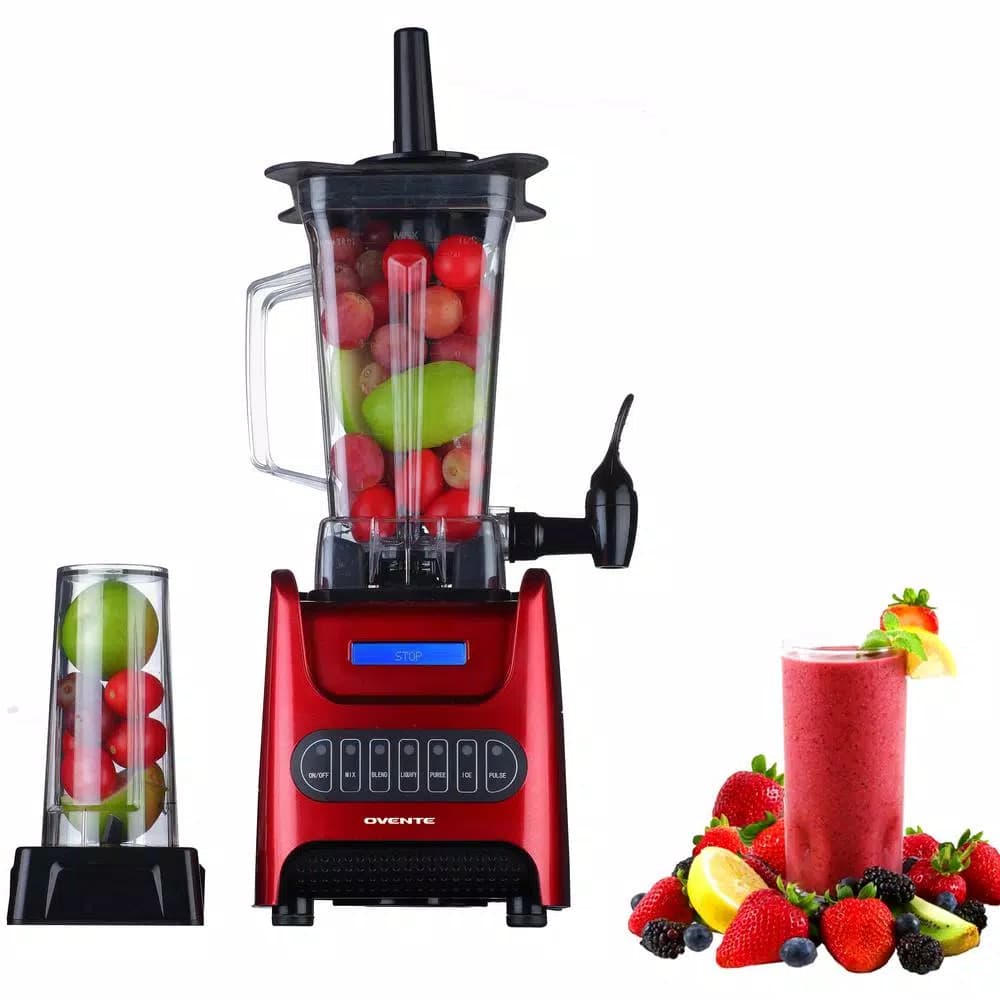 Ovente 1000W Professional Personal Blender with 13.5 oz Travel Mug and Tamper, Red