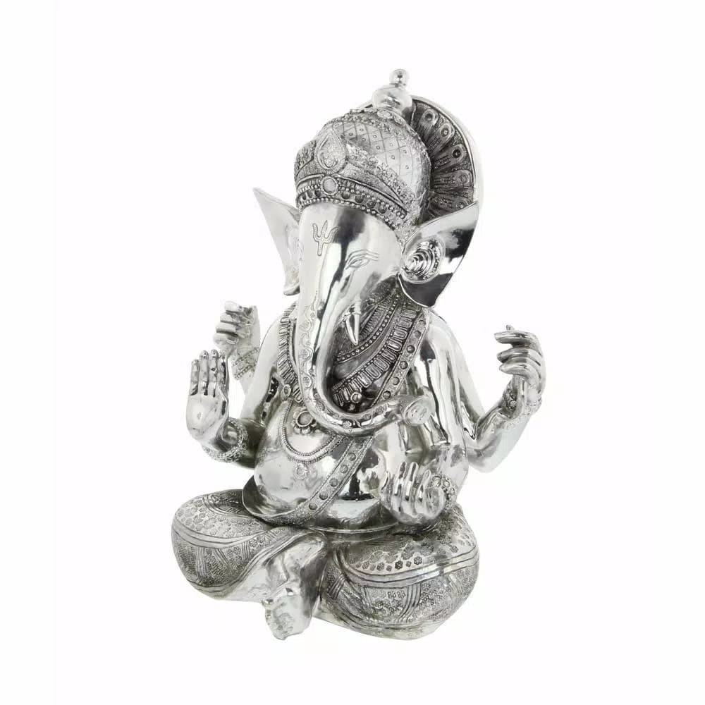 LITTON LANE 16 in. Antique Silver Sitting Ganesh Sculpture with Patterned Detailing
