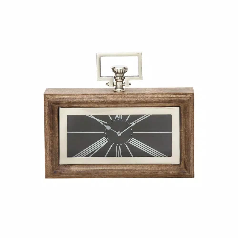 LITTON LANE Oak Brown and Silver Traditional Mango Wood Table Clock