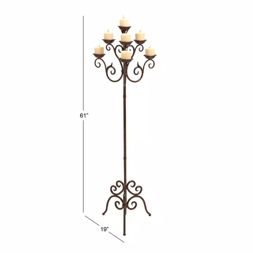 LITTON LANE 61 in. Brown Iron Scroll Design 7-Light Candelabra Floor Stand