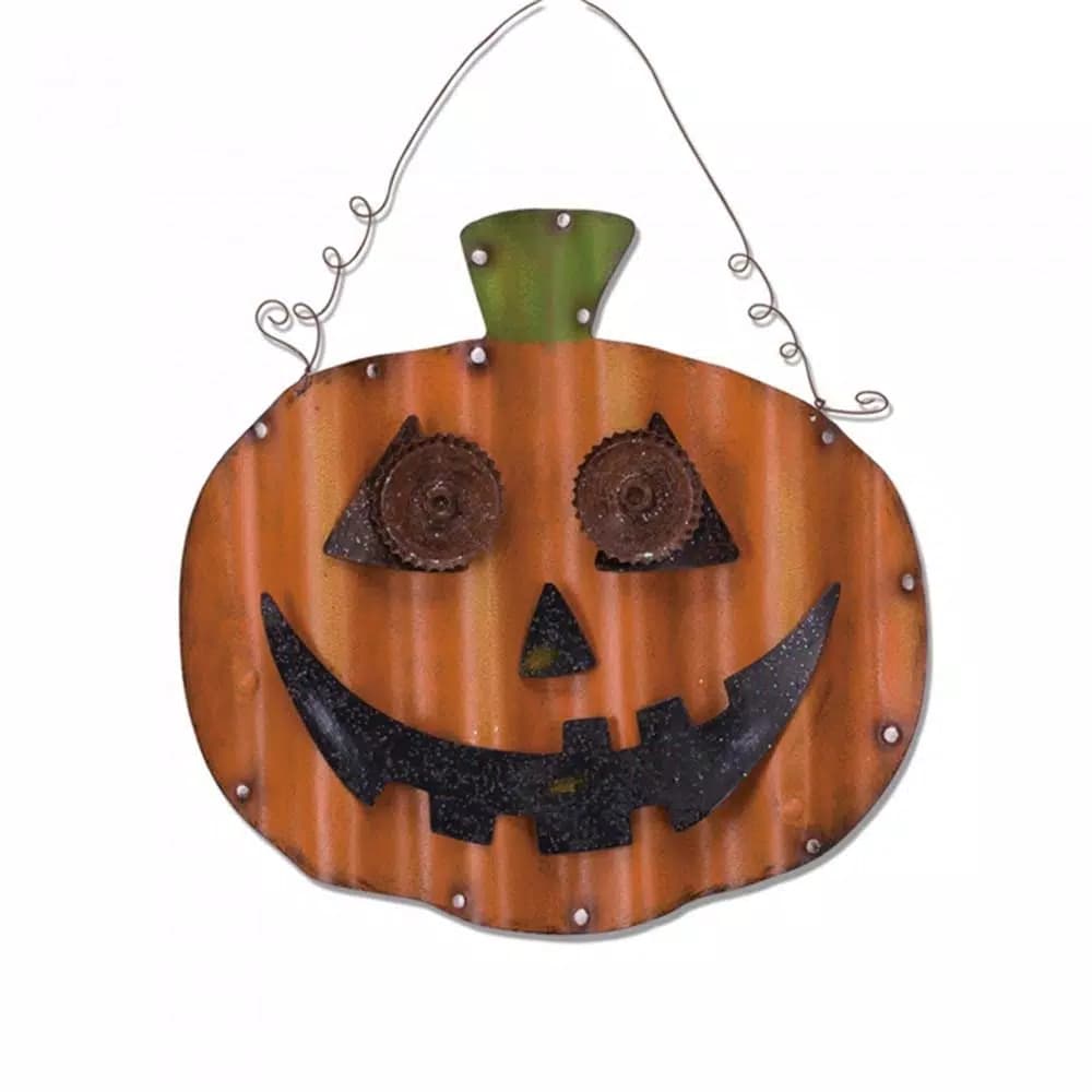 Glitzhome 18.32 in. Iron Pumpkin Wall Decor - Distressed Corrugated Metal Halloween Hanging Decoration