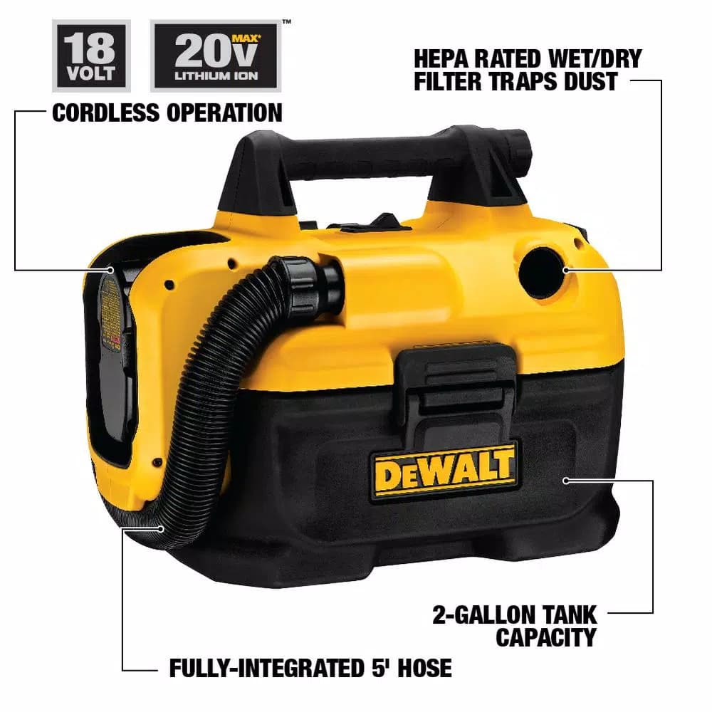 DEWALT 20V MAX Cordless Wet/Dry Vacuum, 2 Gallon, Battery and Charger Not Included