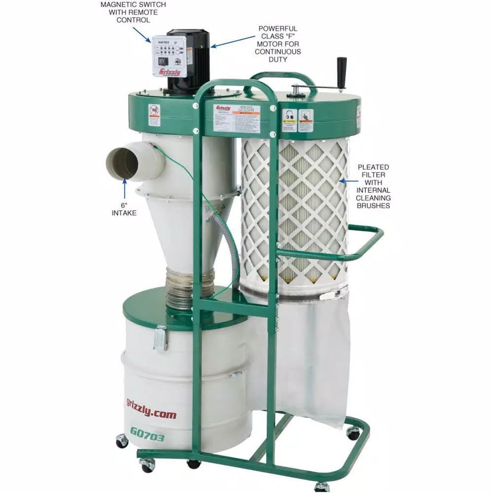Grizzly Industrial 1-1/2 HP 2-Stage Cyclone Dust Collector with 6 in. Intake and Remote Control