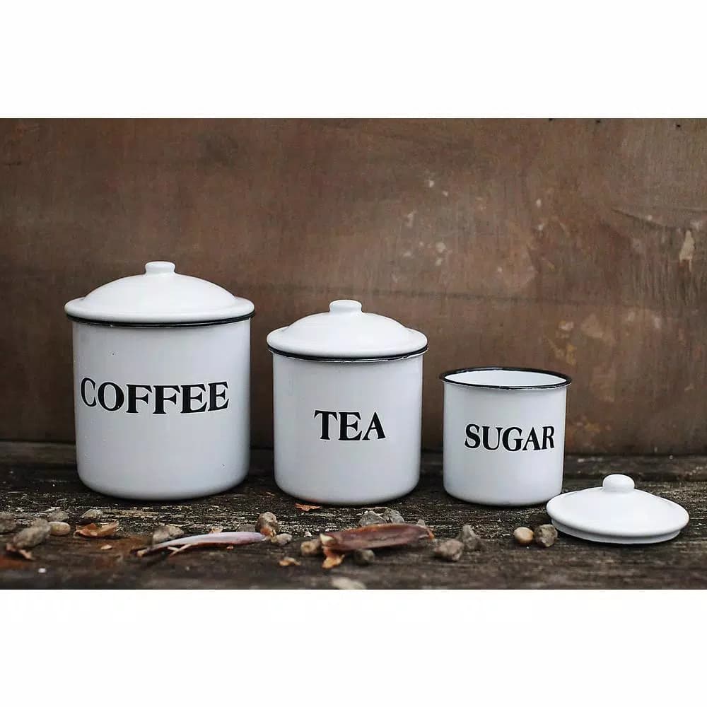 3R Studios 3-Piece White Metal Kitchen Canister Set with Coffee, Tea, and Sugar Labels