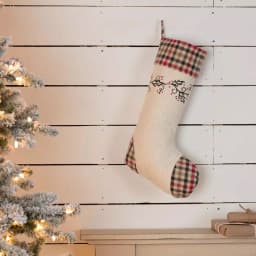 VHC Brands Hollis 20 in. Ivory White Farmhouse Christmas Stenciled Stocking with Holly Berry Accents thumbnail 3