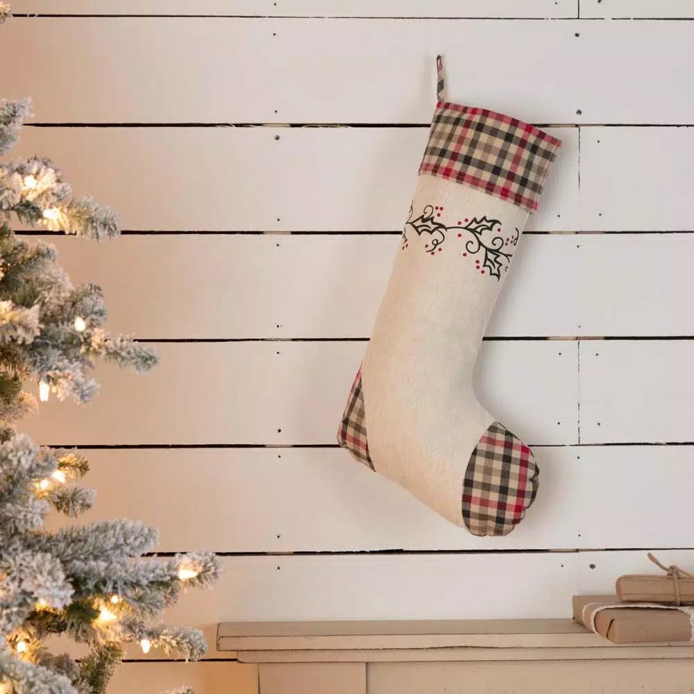 VHC Brands Hollis 20 in. Ivory White Farmhouse Christmas Stenciled Stocking with Holly Berry Accents