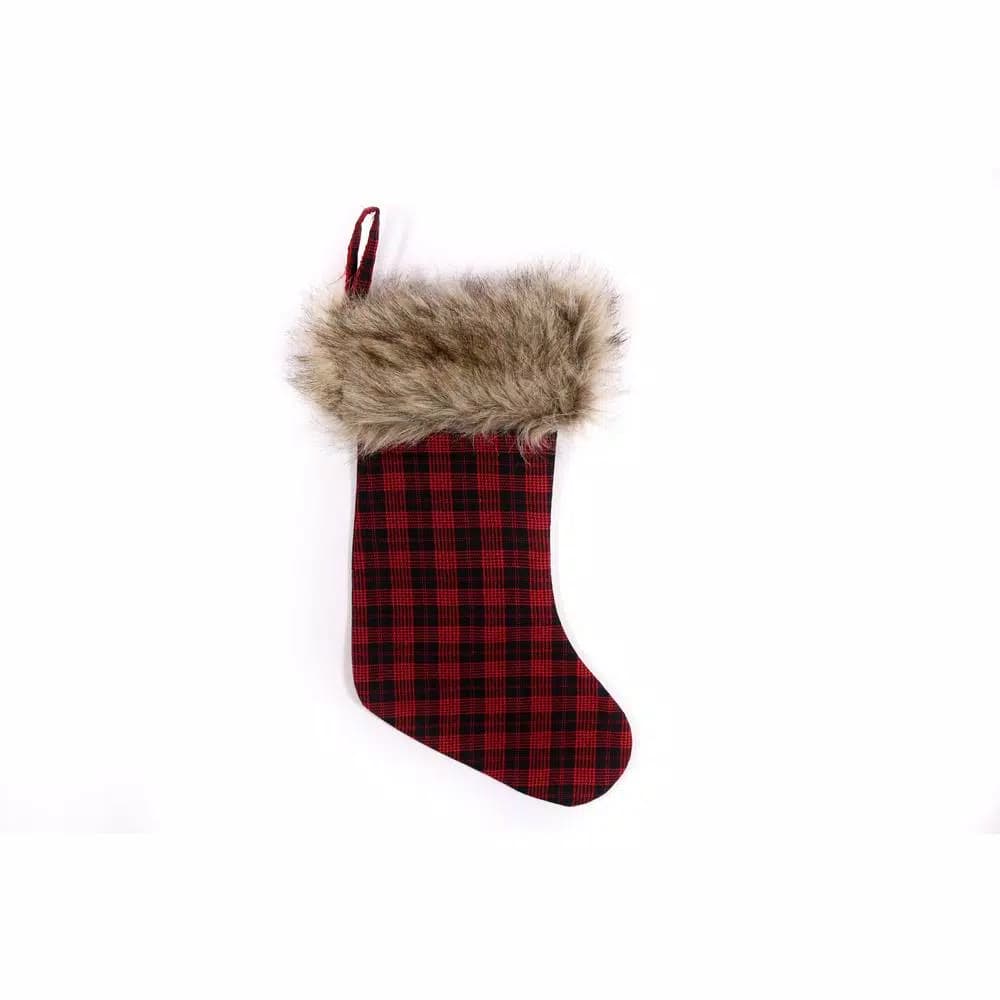 Santaland Buffalo Plaid Christmas Stocking with Faux Fur Cuff, Red Farmhouse Holiday Decor, 20 in.