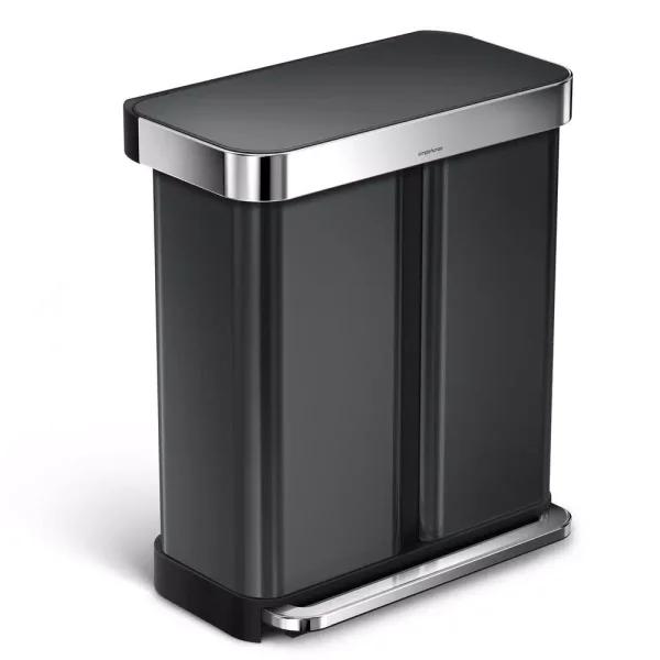simplehuman 58L Black Stainless Steel Dual Compartment Rectangular Step-On Recycling Trash Can