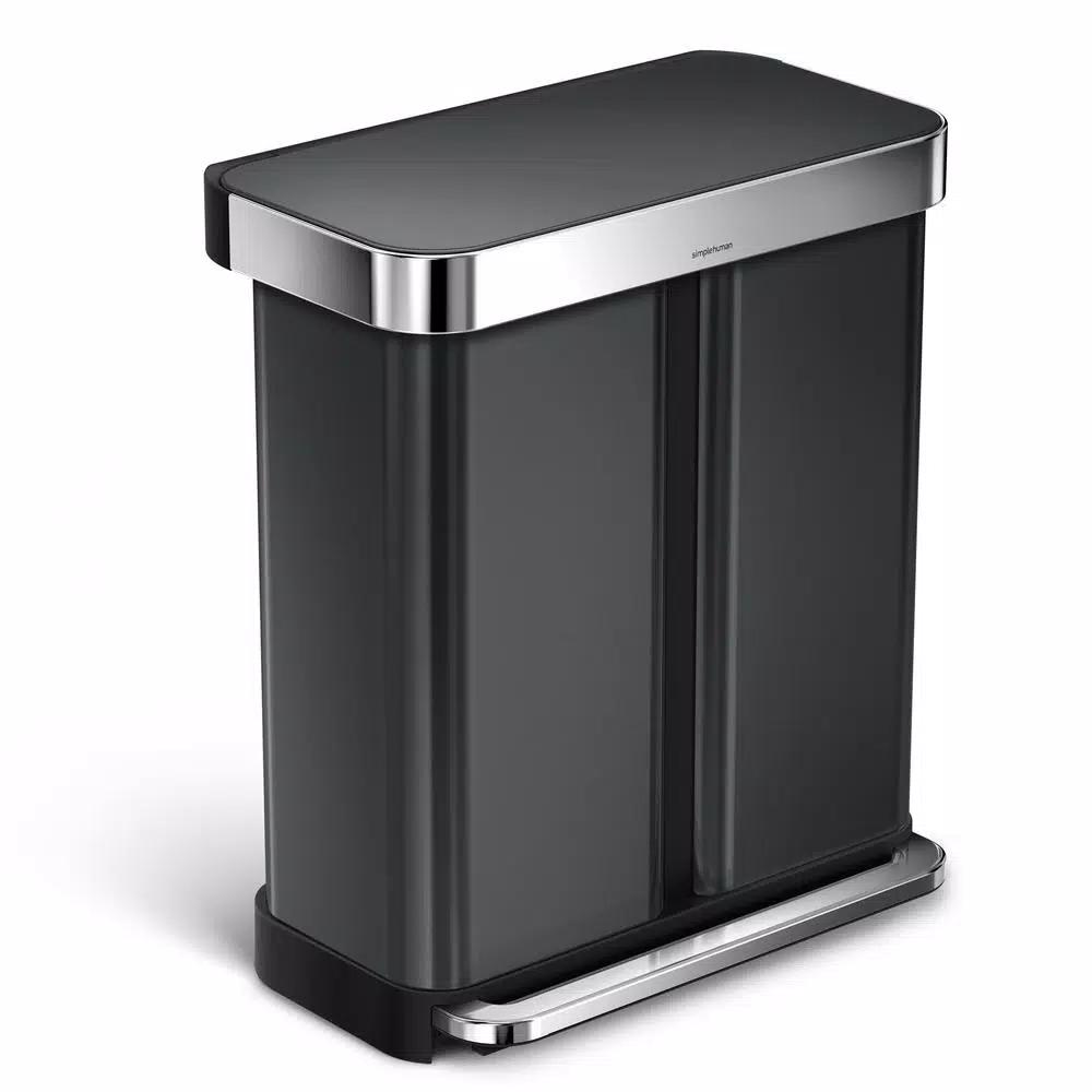 simplehuman 58L Black Stainless Steel Dual Compartment Rectangular Step-On Recycling Trash Can