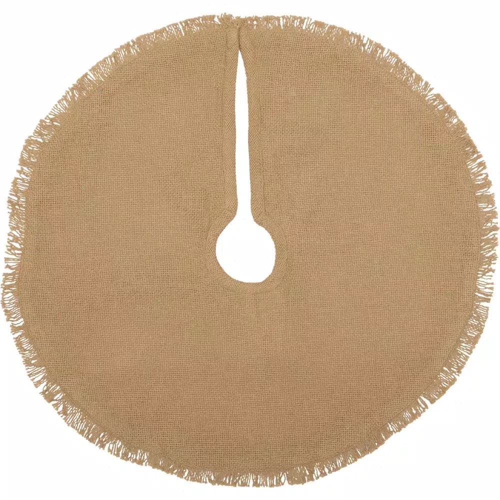 VHC Brands 21 in. Natural Burlap Christmas Tree Skirt with Fringed Edge and Reversible Taffeta