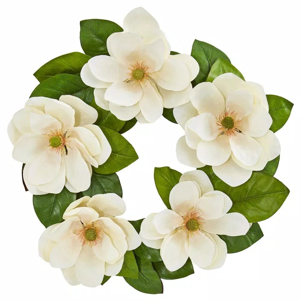 Nearly Natural 23 in. Artificial Magnolia Wreath with White Flowers and Green Leaves