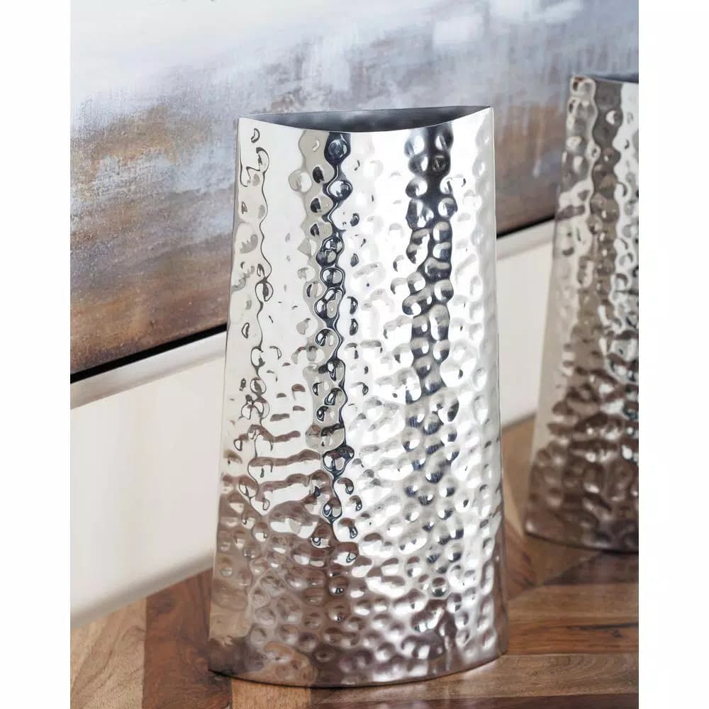 LITTON LANE Modern Reflections 14 in. Hammered Stainless Steel Bell-Shaped Vase, Silver