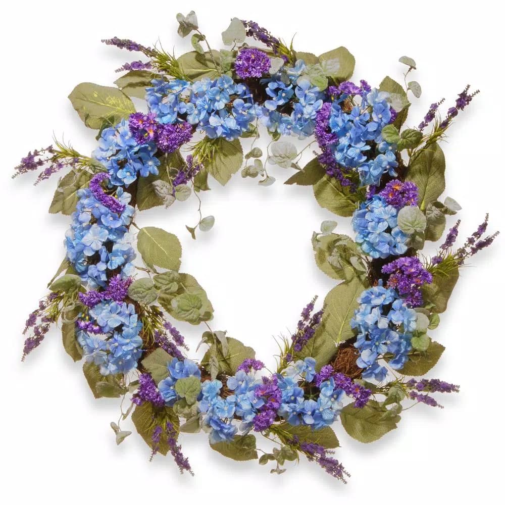 National Tree Company 32 in. Blue Hydrangea Flower Wreath with Green Leaves, Cottage Style