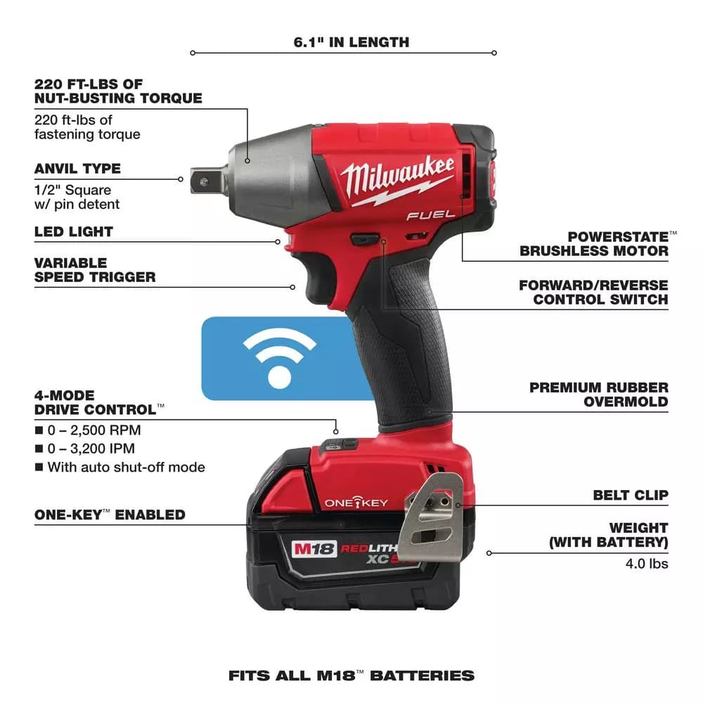 Milwaukee M18 FUEL ONE-KEY 1/2 in. Compact Impact Wrench Kit with (2) 5.0 Ah Batteries & Charger