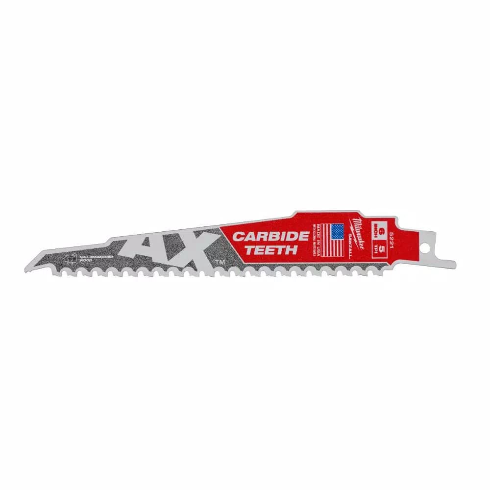 Milwaukee AX Carbide Teeth 6 in. 5 TPI Reciprocating Saw Blade for Nail-Embedded Wood