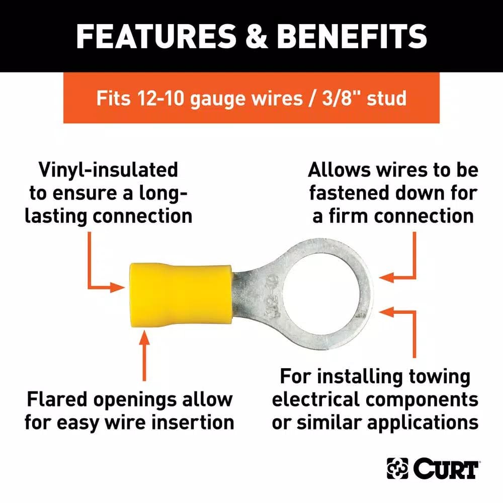 CURT Ring Terminals, 12-10 Gauge Wire, 3/8" Stud Size, Yellow, 100-Pack