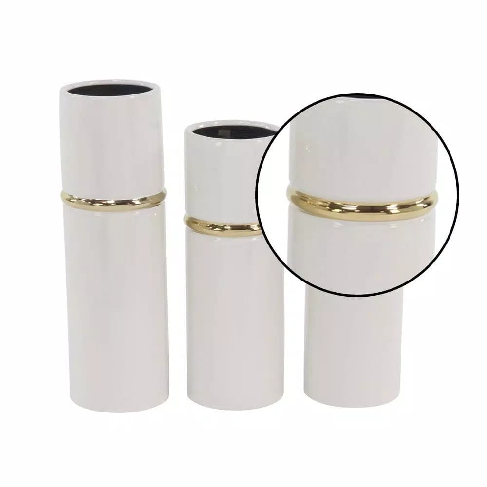 LITTON LANE White Ceramic Decorative Vase Set of 3 with Gold Lining Detail, Modern Cylinder Design
