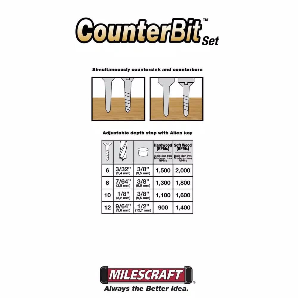Milescraft Adjustable Titanium Coated Countersink Drill Bit Set, 4-Piece, Hex Shank