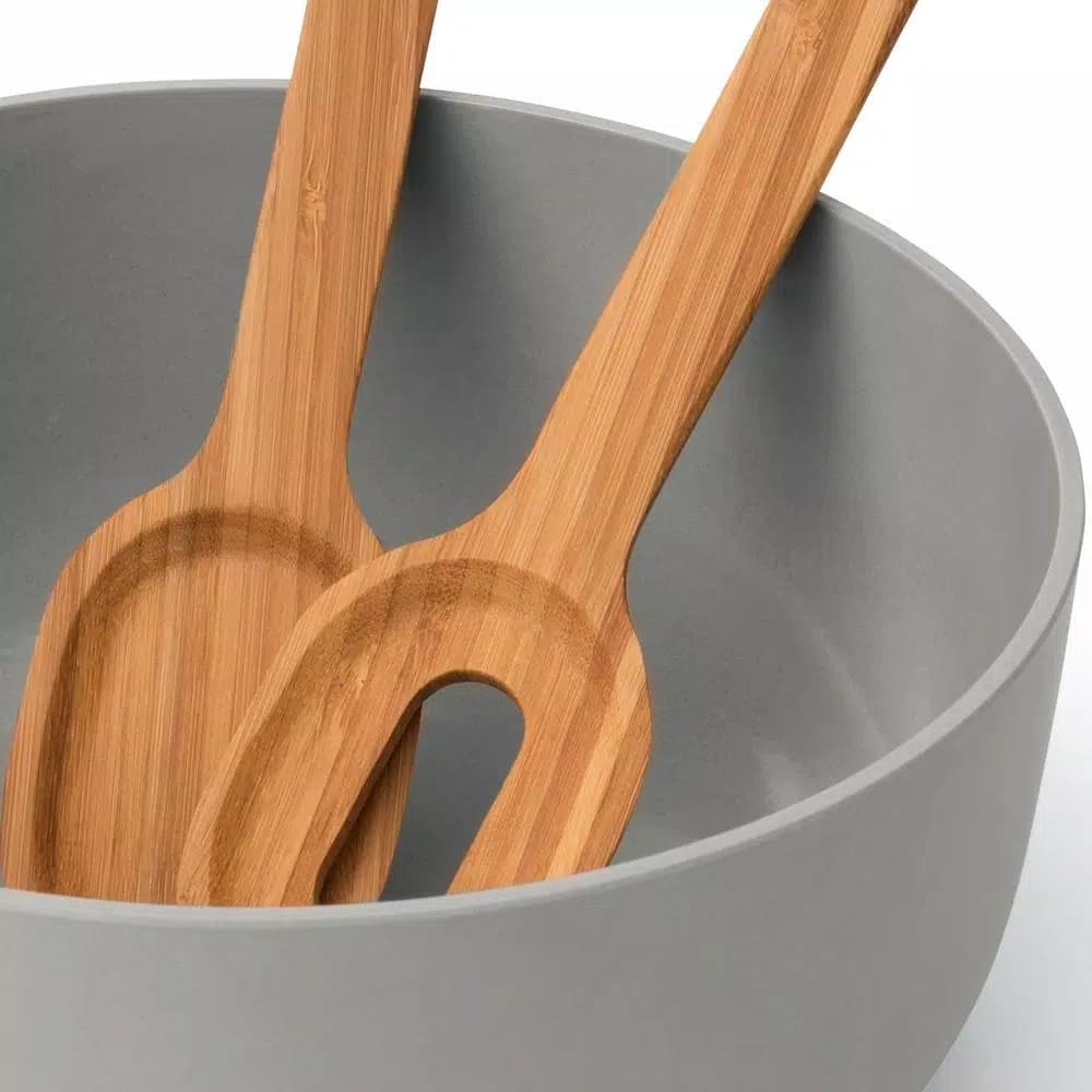 BergHOFF Leo Bamboo Salad Bowl with 2-Piece Serving Set, 120 oz, Gray