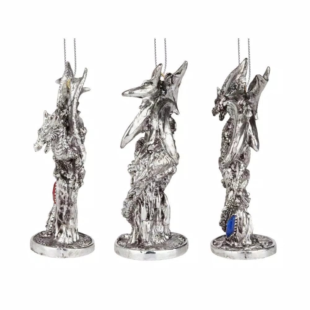 Design Toscano Three Dragons of the Amesbury Holiday Gemstone Ornament Set, 3-Piece Silver Resin