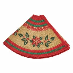 VHC Brands 21 in. Natural Tan Jute Christmas Tree Skirt with Poinsettia and Holly Berry Stencil thumbnail 2