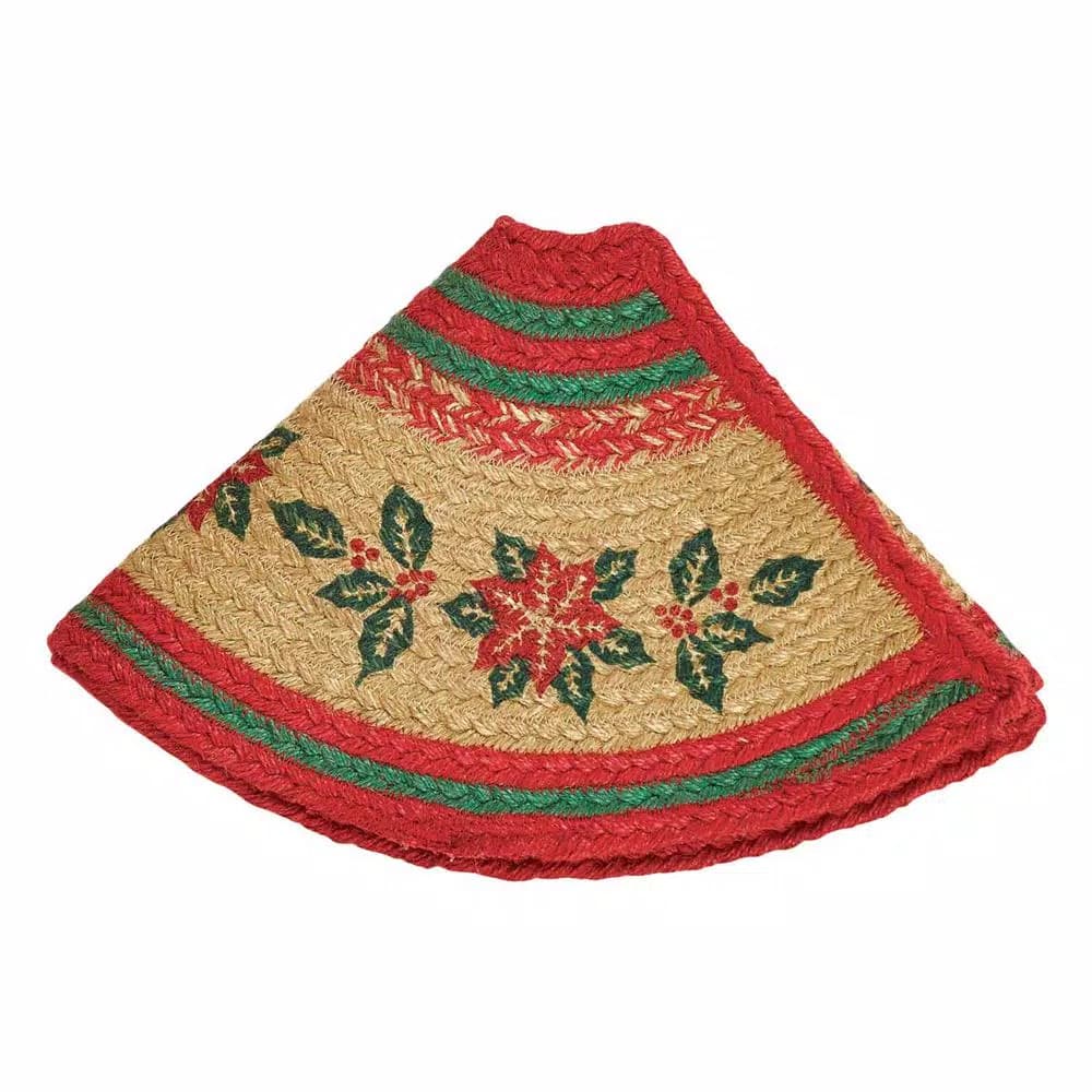 VHC Brands 21 in. Natural Tan Jute Christmas Tree Skirt with Poinsettia and Holly Berry Stencil