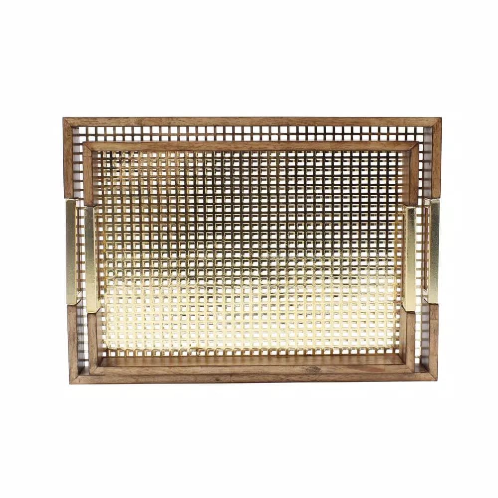 Kate and Laurel Hanneli Gold and Walnut Decorative Tray Set of 2 - Modern Glam Perforated Metal and Wood Trays