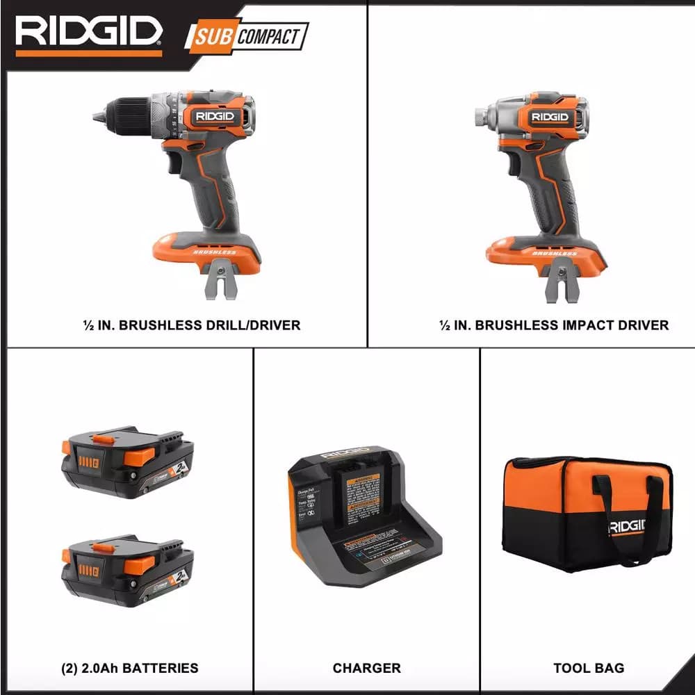 RIDGID 18V SubCompact Brushless Drill Driver and Impact Driver Combo Kit with (2) 2.0 Ah Batteries