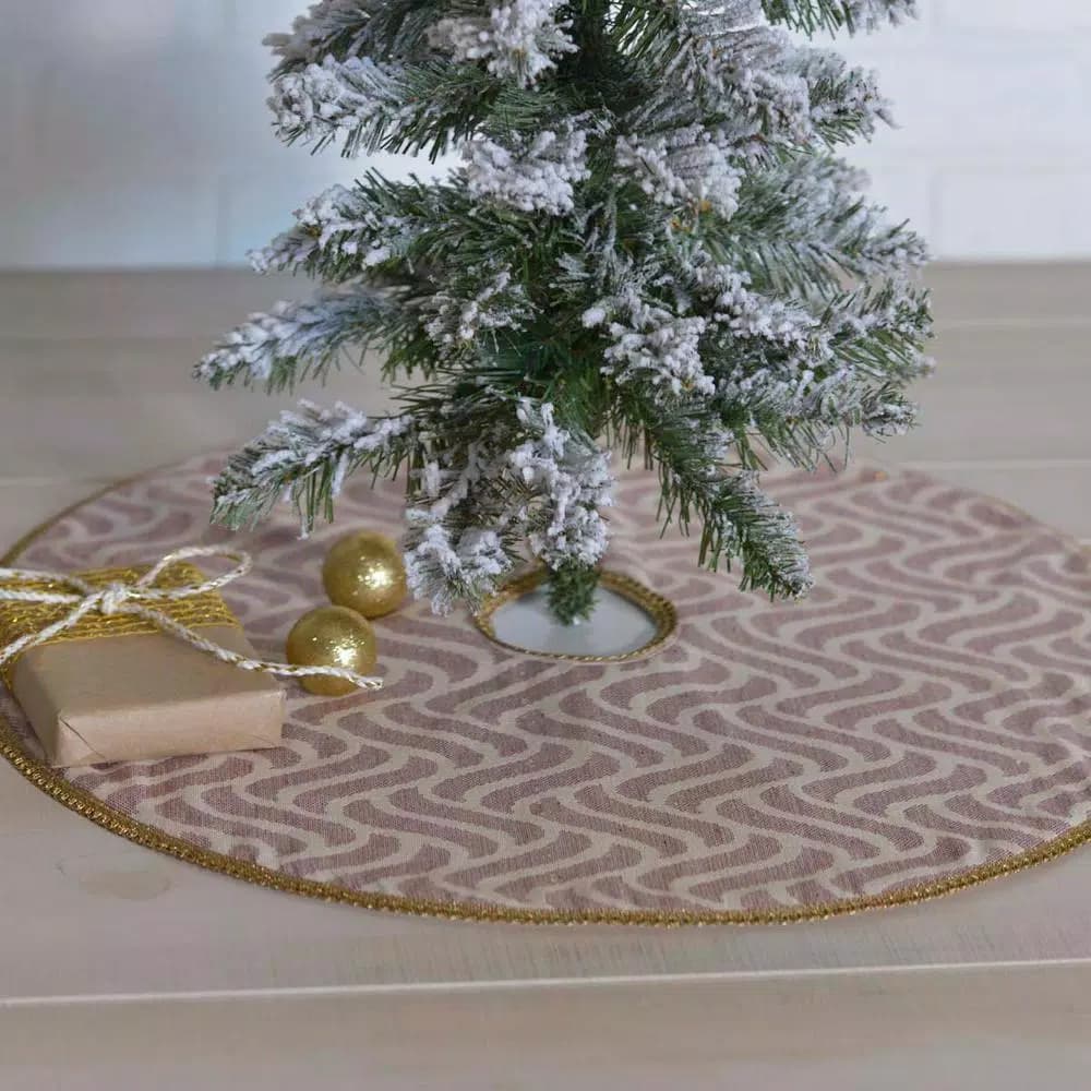 VHC Brands 21 in. Magdalene Mauve and Antique White Jacquard Christmas Tree Skirt with Bronze Sequin Trim