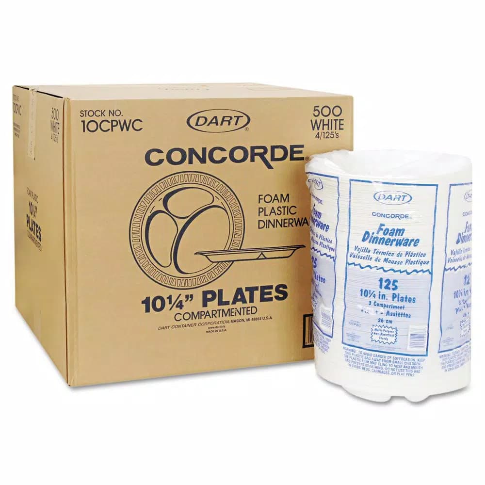 DART Concorde 10.25 in. White 3-Compartment Foam Plastic Plates, 500 Count Case