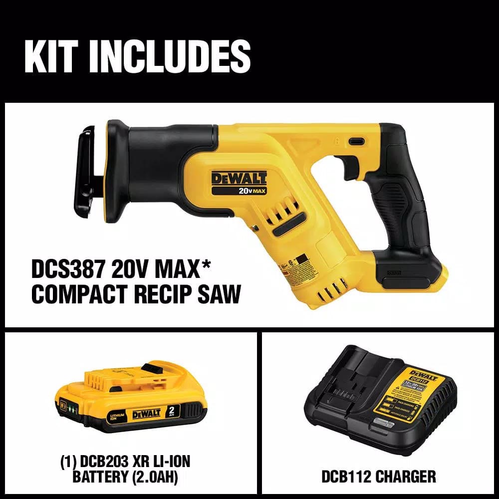 DEWALT 20V MAX Cordless Compact Reciprocating Saw Kit with 2.0Ah Battery and Charger