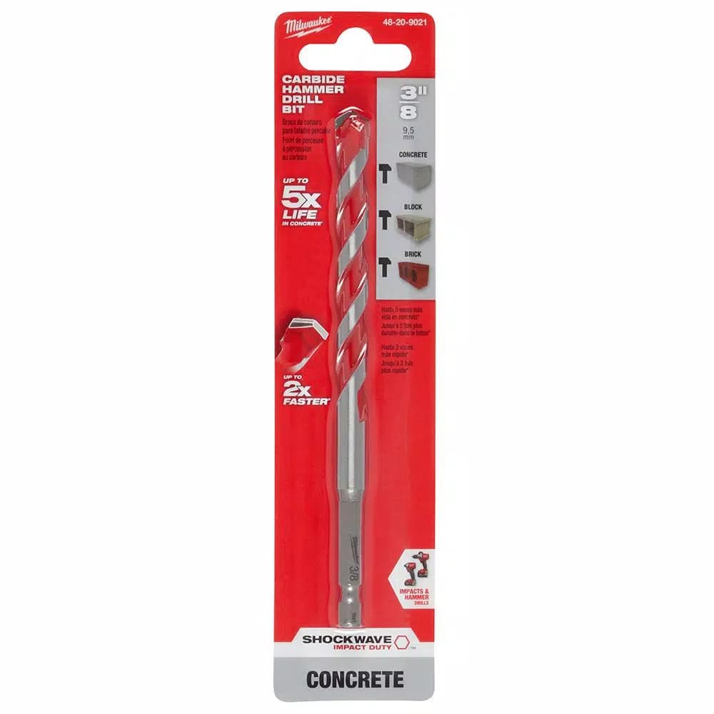 Milwaukee SHOCKWAVE 3/8 in. Carbide Hammer Drill Bit, 6 in. Length, 1/4 in. Hex Shank