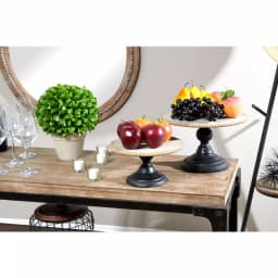 LITTON LANE Natural Beige Chinese Fir Wood and Black Iron Round Decorative Tray Stands Set of 2 thumbnail 1