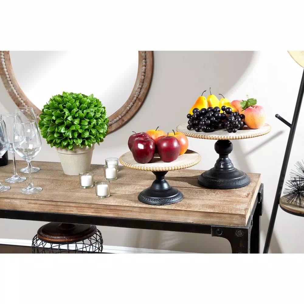 LITTON LANE Natural Beige Chinese Fir Wood and Black Iron Round Decorative Tray Stands Set of 2